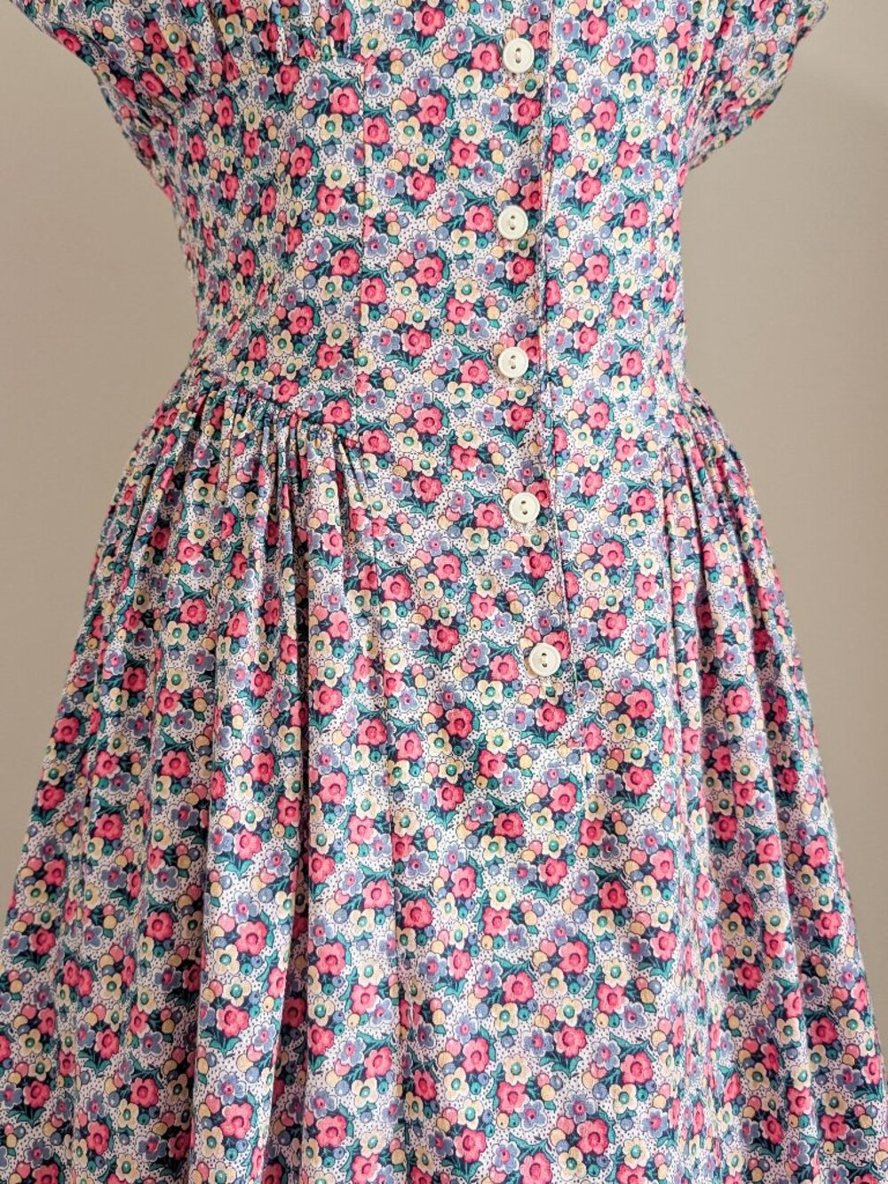 Vintage Floral Button Front Cinched Waist Cotton Midi Dress Size Small 80's - Picture 6 of 11